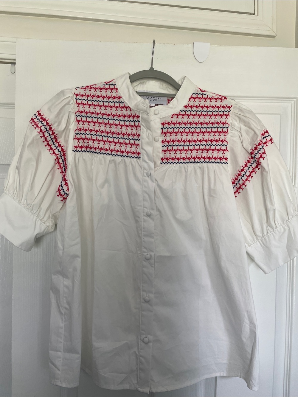 The Shirt by Rochelle Behrens White Smocked Button-Front Women's Top